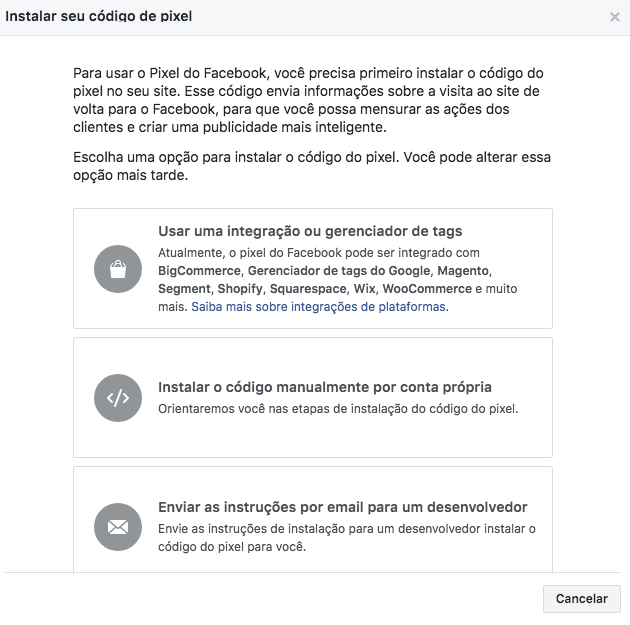 Captura de tela sobre como instalar pixel no facebook.
