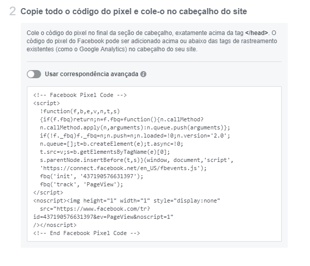 Código de pixel do Facebook