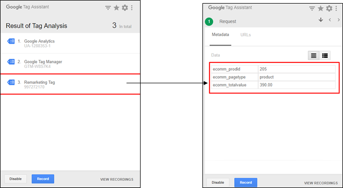 exemplo de funcionamento de uma tag de remarketing dinâmico vista pela extensão “Google Tag Assistant” no Google Chrome