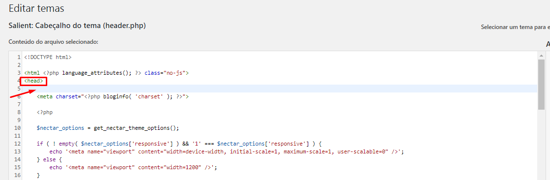 Com o arquivo header.php aberto, adicione o código do contêiner do seu GTM respectivo à  <head> na seção header. Exatamente no topo do elemento, logo depois da abertura da Tag.