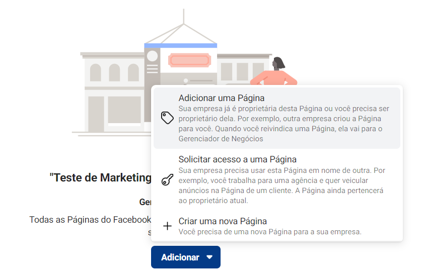 facebook business: imagem da plataforma indicando como adicionar página
