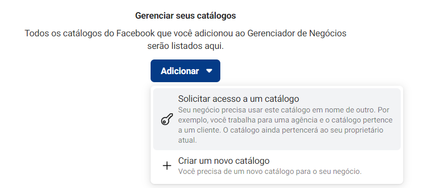 facebook business: imagem da plataforma indicando como criar catalogo