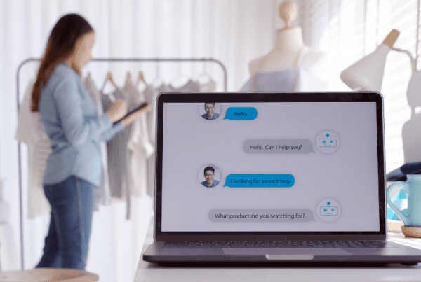exemplos de inteligencia artificial: imagem de uma tela de notebook cmostrando uma conversa de Chatbot e uma mulher passando atrás do computador