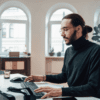 IA para Programação: homem jovem, com barba, cabelo preso, blusa de gola alta preta, com óculos e olhando para o seu computador.
