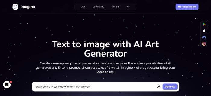 Inteligencia Artificial Fotos: imagem da página inicial da ferramenta Imagine AI Art Generator.