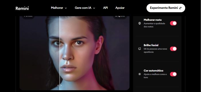 Inteligencia Artificial Fotos: imagem da página inicial da ferramenta Remini.