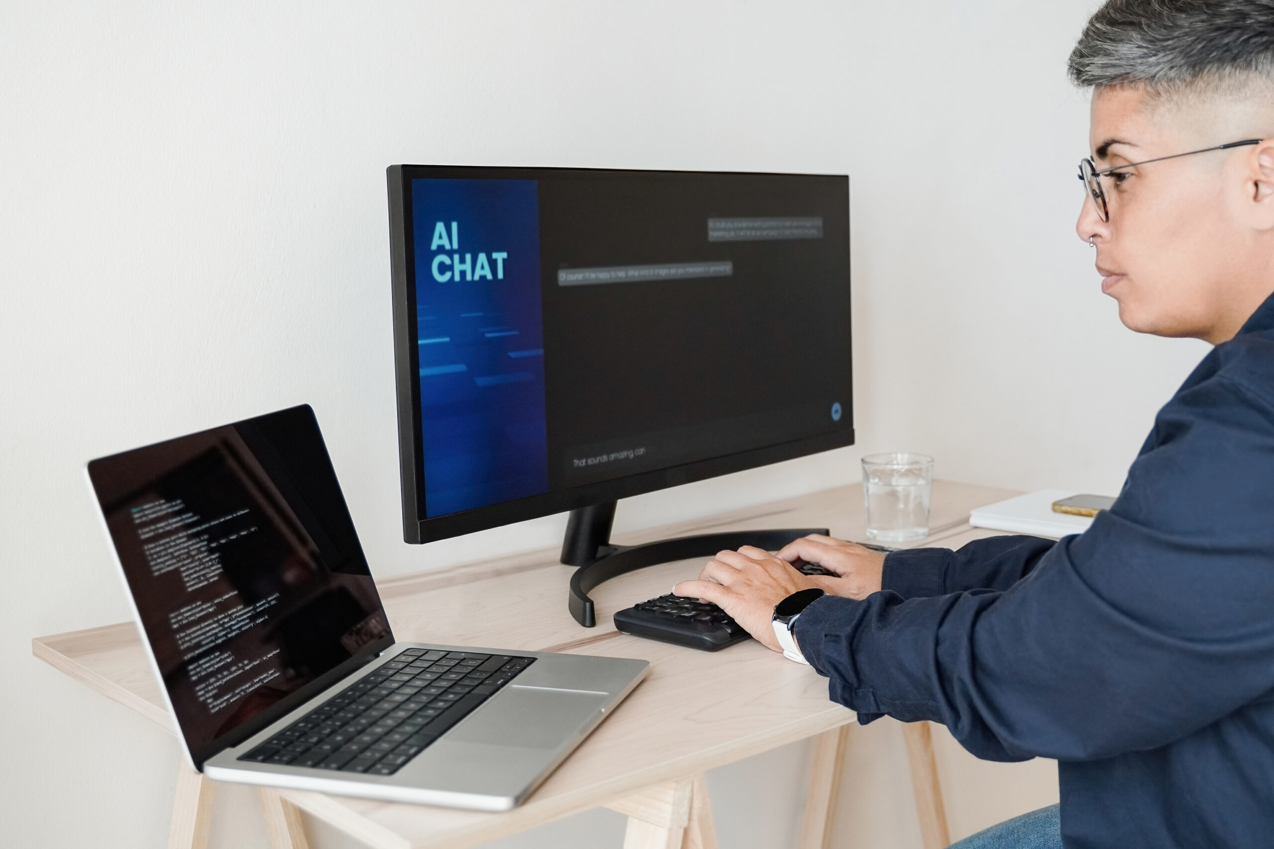 Chatbot: imagem de uma pessoa programando um chatbot em seu computador.