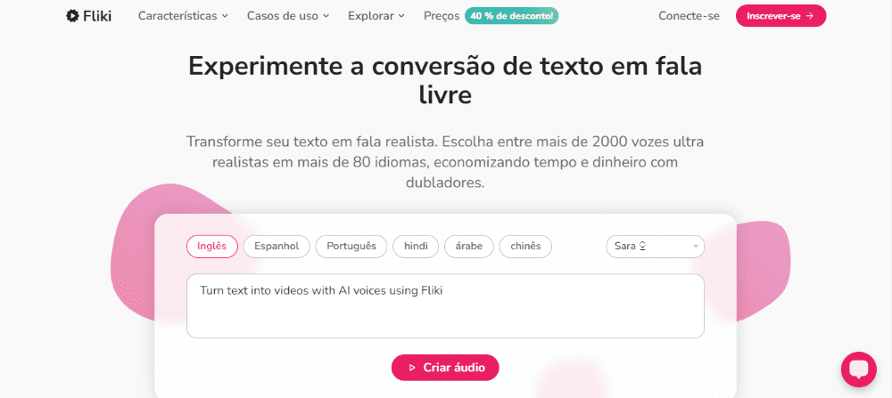 Text to Speech: página inicial do Fliki