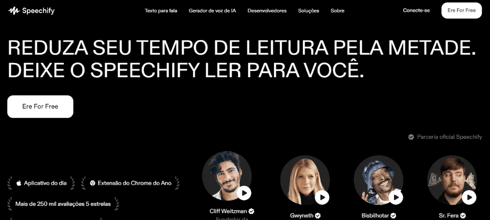 Text to Speech: página inicial do Speechify